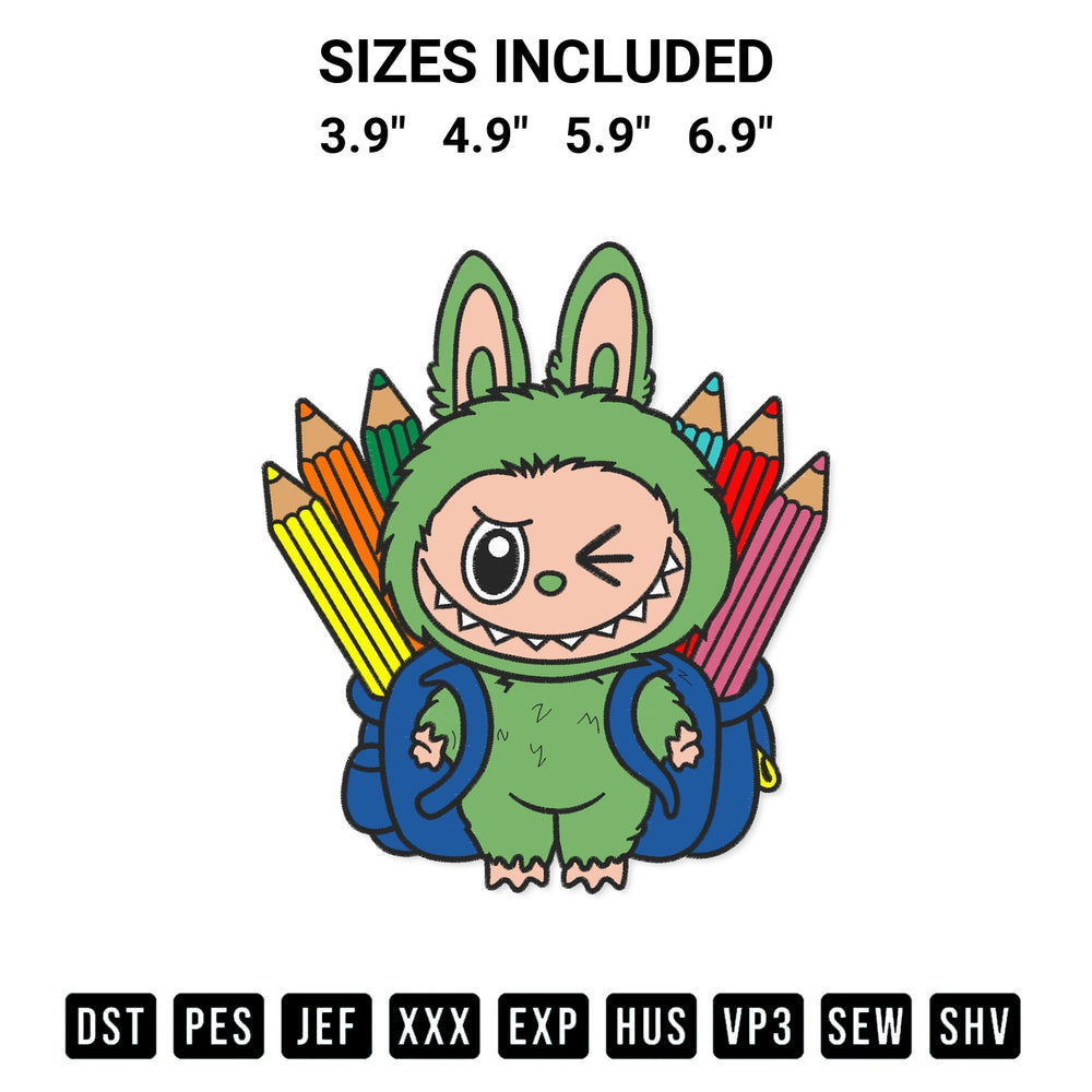 Discover the perfect addition to your crafting collection: Labubu Go To School Embroidery Design embroidery file. Instantly available at Designspacks.com. Available sizes: 3.9", 4.9", 5.9", 6.9".