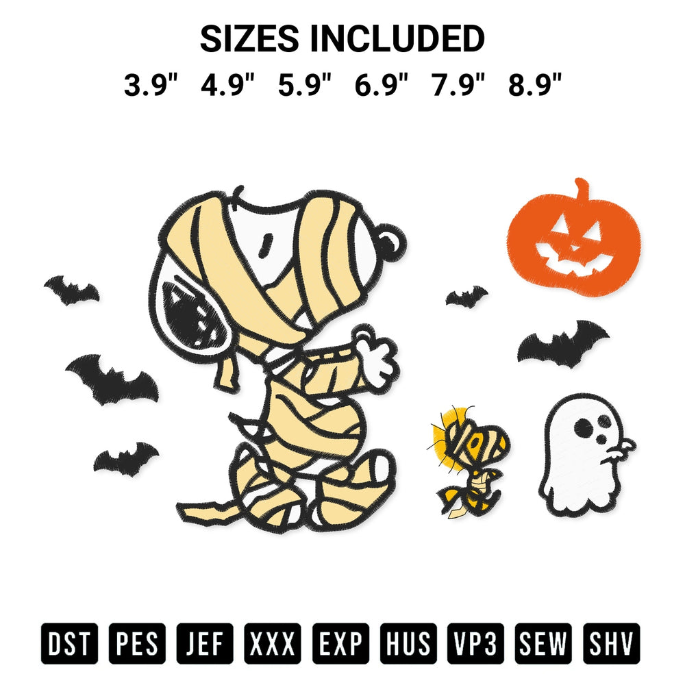 Add a unique touch to your apparel with the Halloween Peanuts Snoopy Mummy Embroidery Design embroidery file. Premium instant download available now on Designspacks.com. Available sizes: 3.9", 4.9", 5.9", 6.9", 7.9", 8.9".