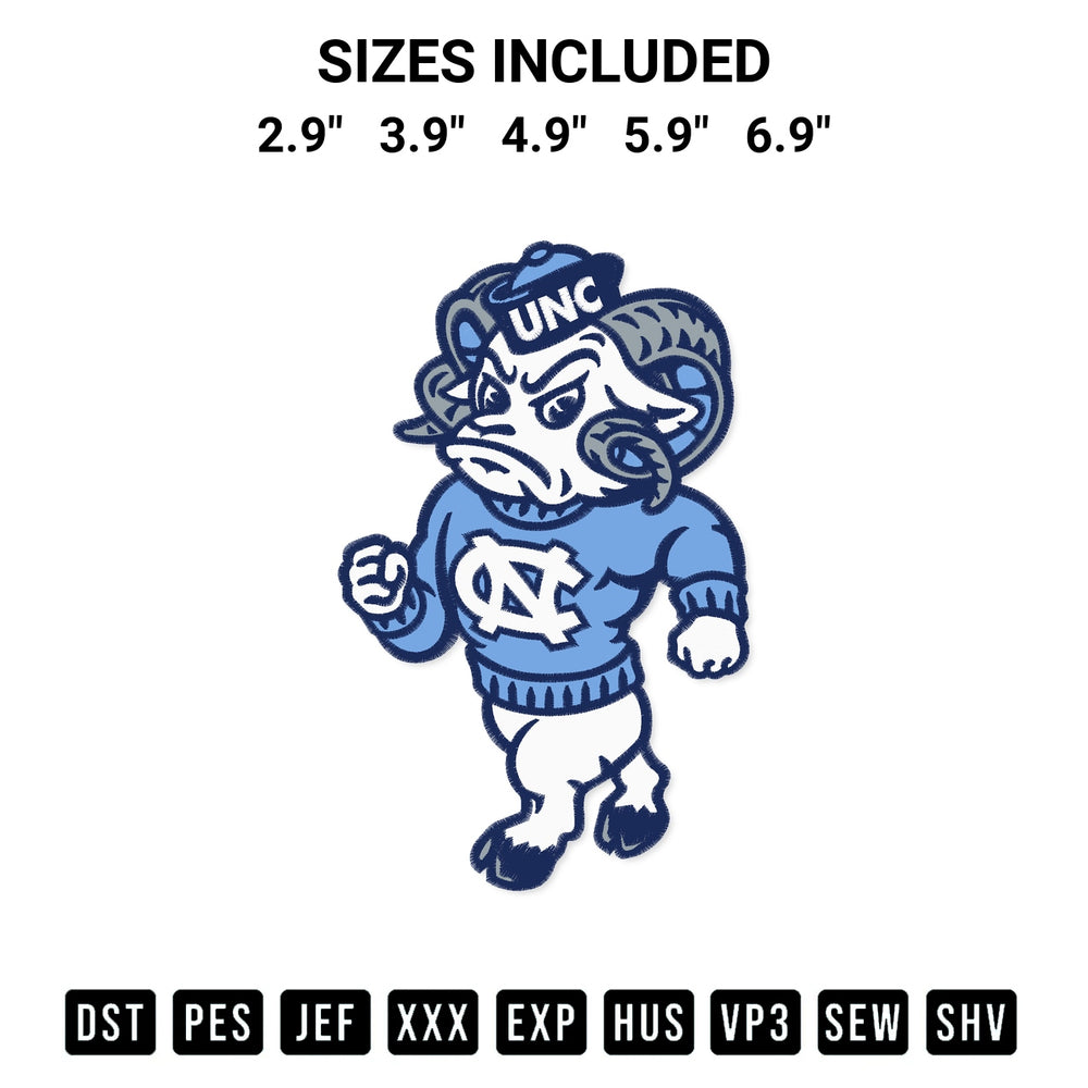 Download the Mascot North Carolina Tar Heels Embroidery Design machine embroidery design exclusively at Designspacks.com. Premium digitized pattern for apparel and DIY crafts. Available sizes: 2.9", 3.9", 4.9", 5.9", 6.9".