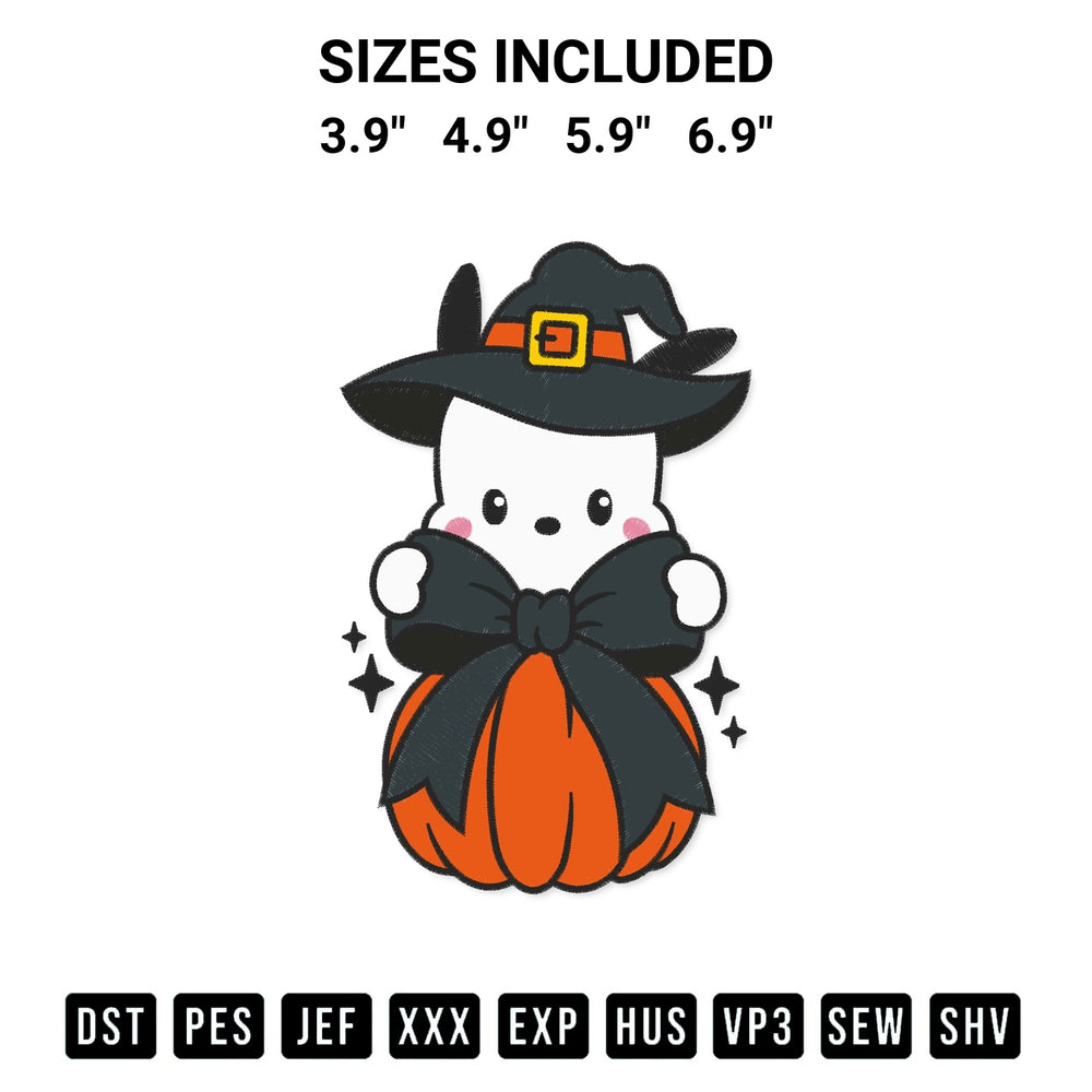 Create amazing crafts with the Pochacco Witch Coquette Pumpkin Embroidery Design embroidery file. High-quality digital download from Designspacks.com, perfect for beginners and pros. Available sizes: 3.9", 4.9", 5.9", 6.9".