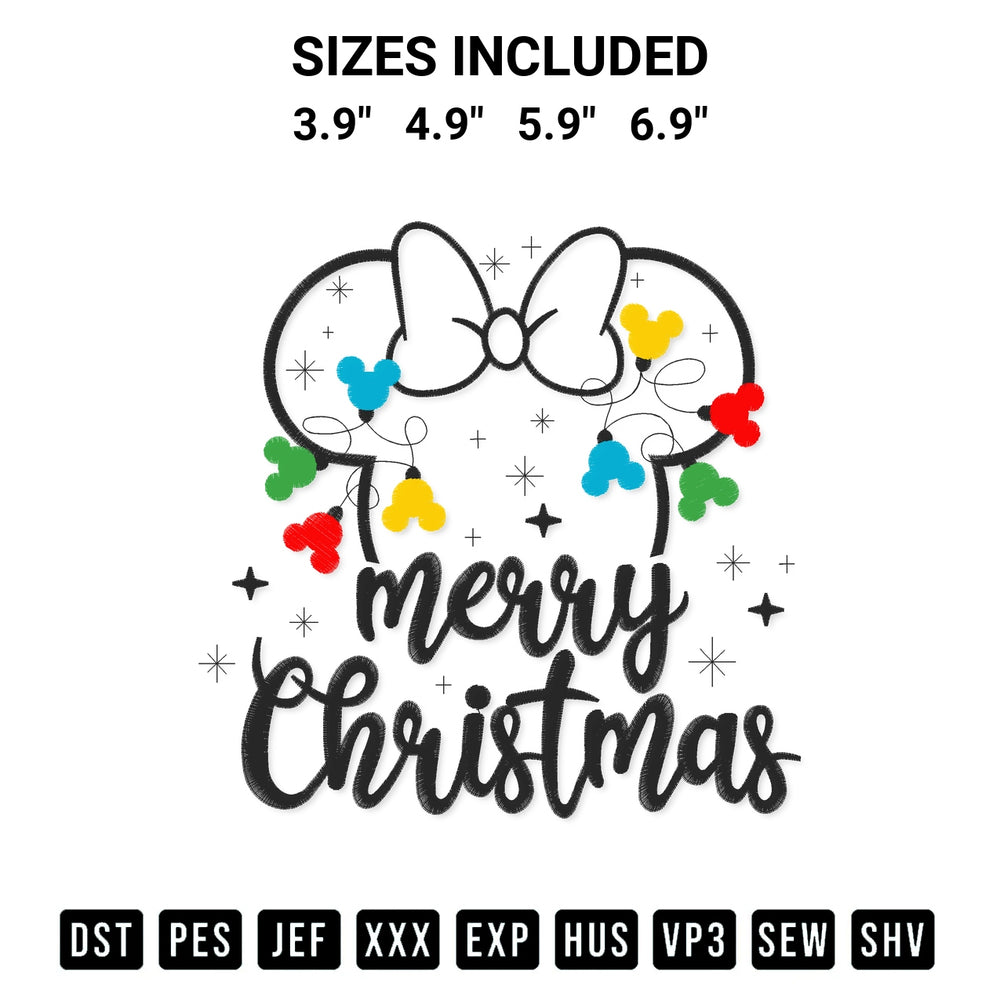 Create amazing crafts with the Merry Christmas Lights Minnie Embroidery Design embroidery file. High-quality digital download from Designspacks.com, perfect for beginners and pros. Available sizes: 3.9", 4.9", 5.9", 6.9".