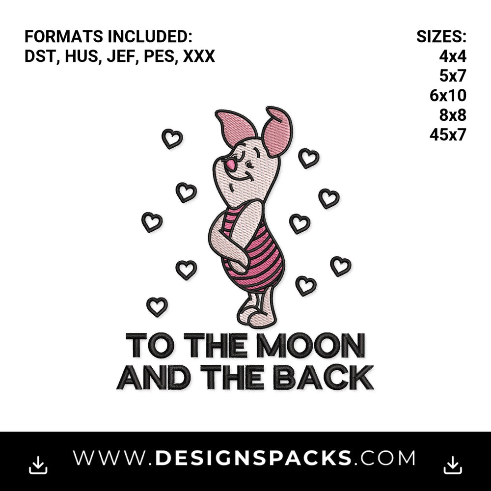 Piglet To The Moon And The Back Embroidery Design - Instant digital download pattern at Designspacks.com