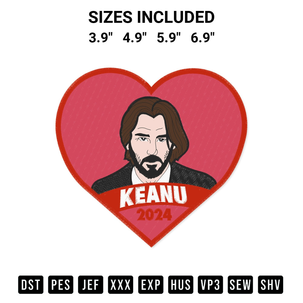 Add a unique touch to your apparel with the Keanu Reeves In Hearts Embroidery Design embroidery file. Premium instant download available now on Designspacks.com. Available sizes: 3.9", 4.9", 5.9", 6.9".