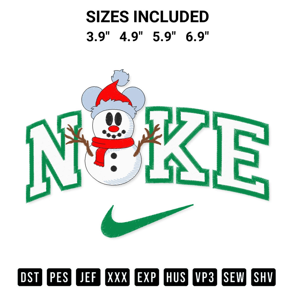 Download the Nike Snowman Mickey Mouse Embroidery Design machine embroidery design exclusively at Designspacks.com. Premium digitized pattern for apparel and DIY crafts. Available sizes: 3.9", 4.9", 5.9", 6.9".