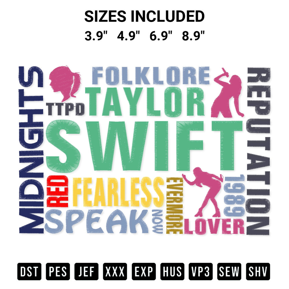 Download the Taylor Swift Fearless Folklore Albums Embroidery Design machine embroidery design exclusively at Designspacks.com. Premium digitized pattern for apparel and DIY crafts. Available sizes: 3.9", 4.9", 6.9", 8.9".