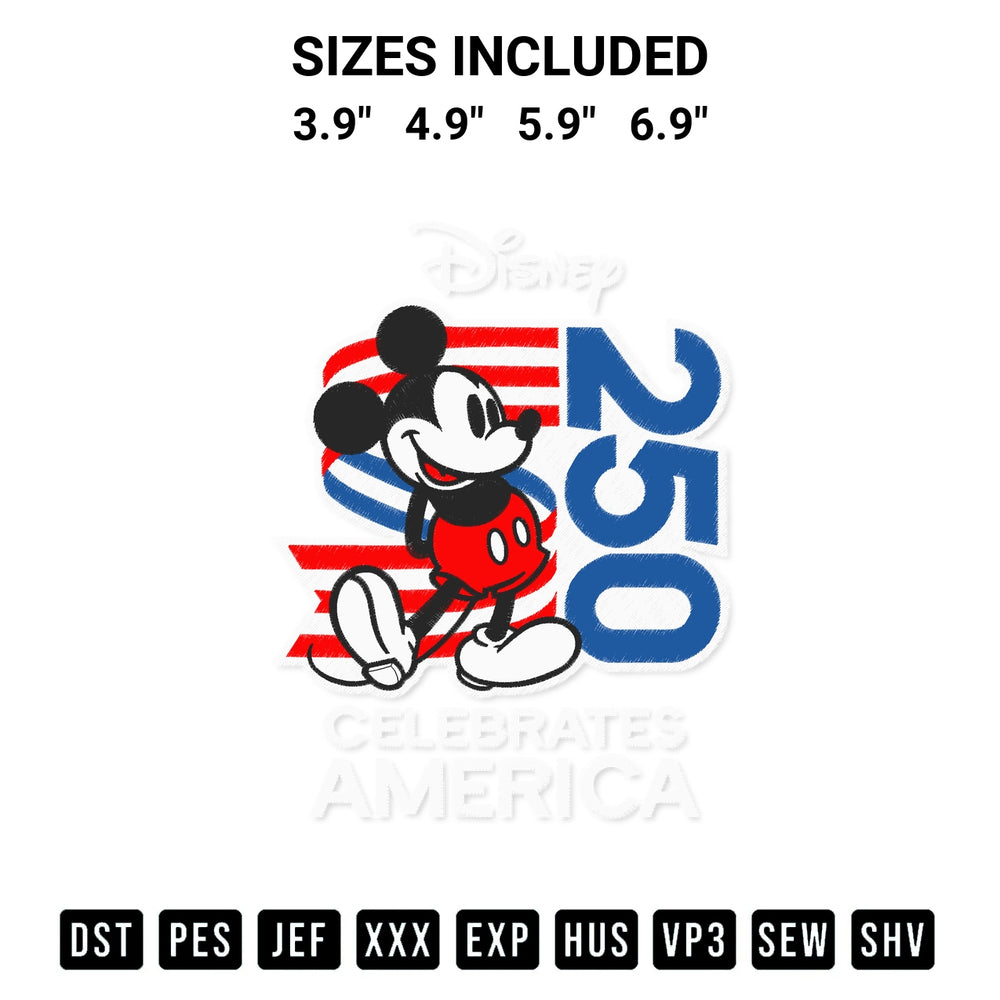 Get the Disney Mickey Mouse 250Th Celebrate America Embroidery Design embroidery design for your custom crafts! Premium digitized files available for instant download at Designspacks.com. Available sizes: 3.9", 4.9", 5.9", 6.9".