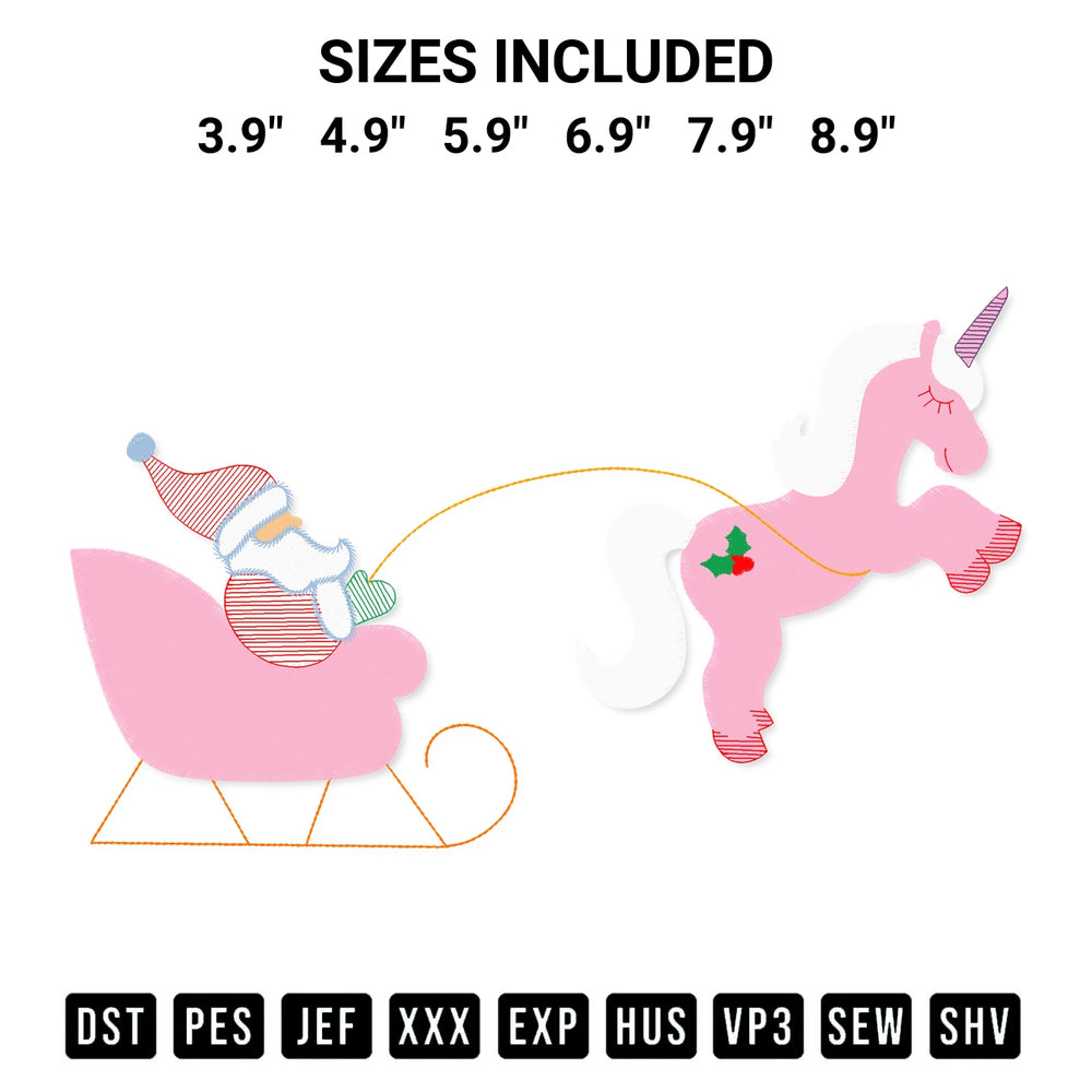 Create amazing crafts with the Christmas Unicorn Pulling Santa Embroidery Design embroidery file. High-quality digital download from Designspacks.com, perfect for beginners and pros. Available sizes: 3.9", 4.9", 5.9", 6.9", 7.9", 8.9".