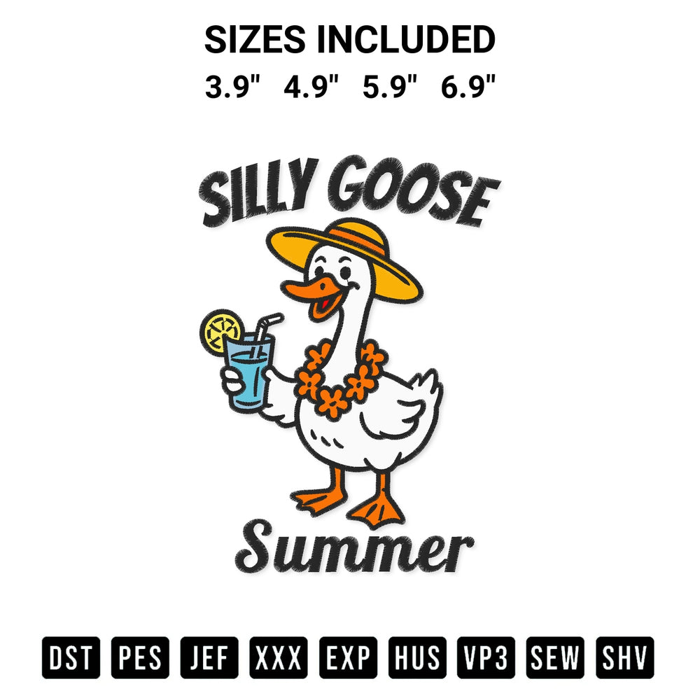 Get the Silly Goose Summer Funny Embroidery Design embroidery design for your custom crafts! Premium digitized files available for instant download at Designspacks.com. Available sizes: 3.9", 4.9", 5.9", 6.9".