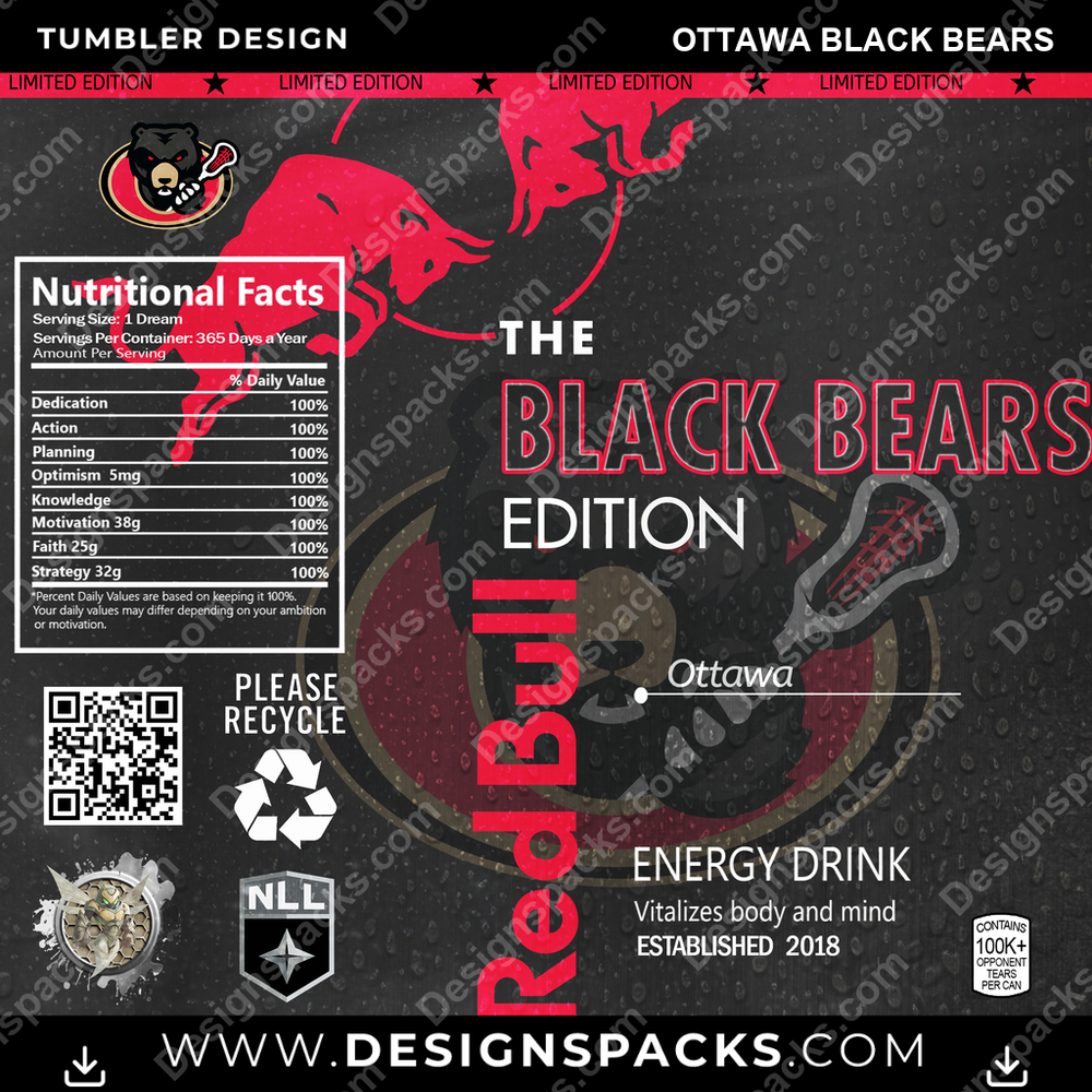 Lacrosse Red Bull Ottawa Black Bears Tumbler Digital Wrap Design