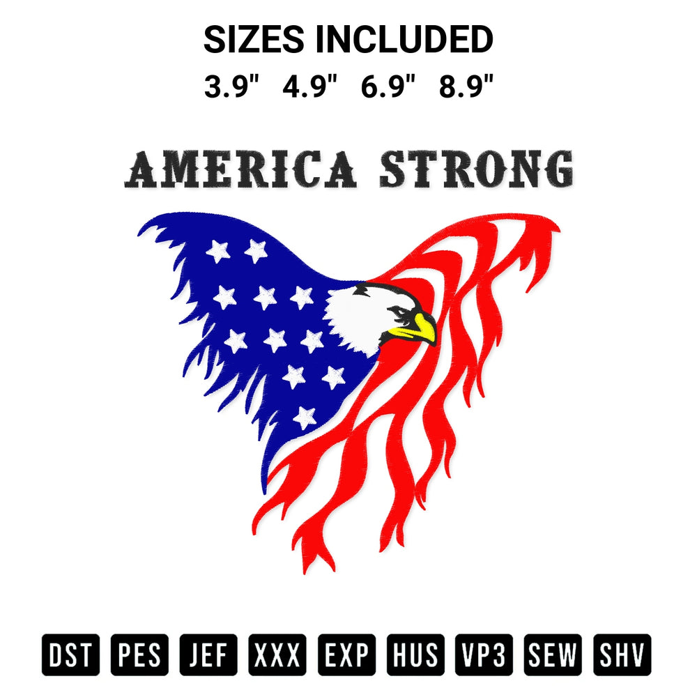 Shop the American Eagle Flag Embroidery Design machine embroidery pattern at Designspacks.com. Beautifully digitized for flawless stitching on any fabric. Available sizes: 3.9", 4.9", 6.9", 8.9".