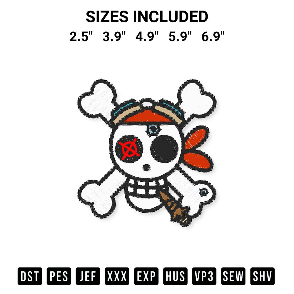 Looking for the perfect pattern? Download the Pirate Jolly Roger Embroidery Design embroidery design today at Designspacks.com. Crisp, clean stitching guaranteed. Available sizes: 2.5", 3.9", 4.9", 5.9", 6.9".