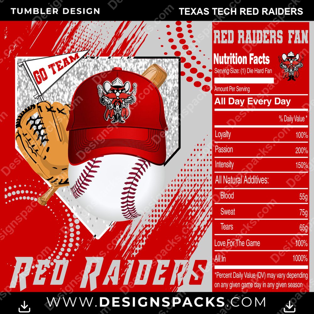 College Sport Team Fan BaseBall Texas Tech Red Raiders NCAA College Sport Tumbler Digital Wrap Design Download