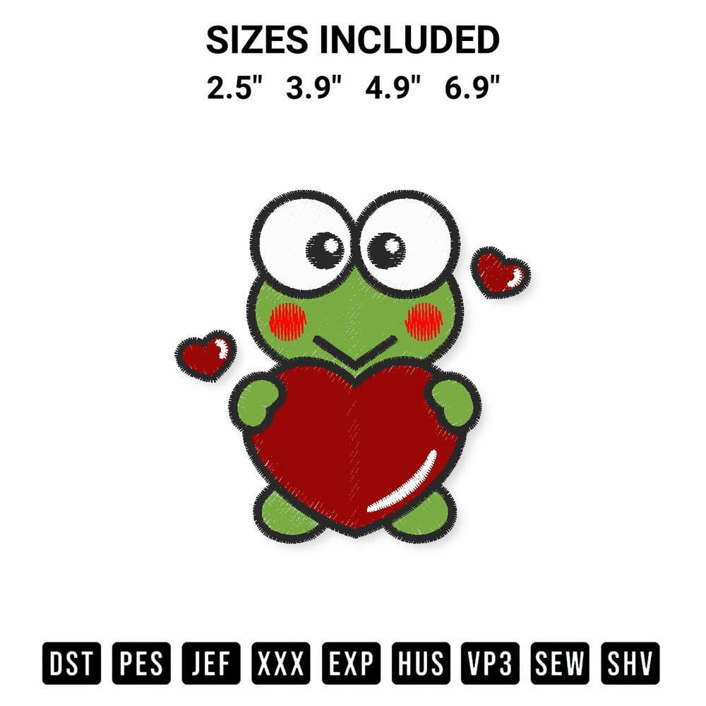 Get the Keroppi With Heart Embroidery Design embroidery design for your custom crafts! Premium digitized files available for instant download at Designspacks.com. Available sizes: 2.5", 3.9", 4.9", 6.9".