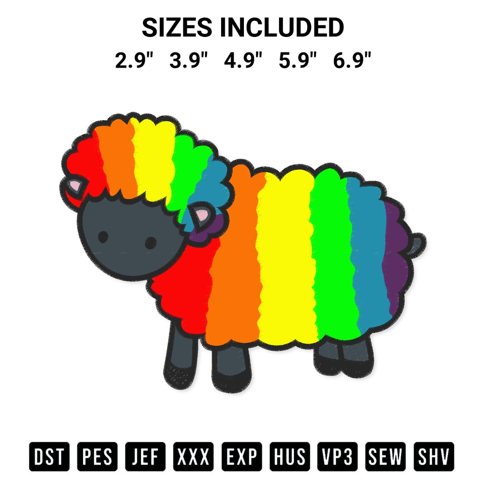 Transform your fabrics with the Rainbow Sheep Embroidery Design embroidery design. Instant access to premium digitized patterns at Designspacks.com. Available sizes: 2.9", 3.9", 4.9", 5.9", 6.9".