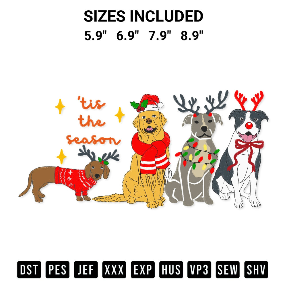 Stitch like a pro with the Christmas Dogs Tis The Season Embroidery Design embroidery pattern from Designspacks.com. High-quality digital machine embroidery file. Available sizes: 5.9", 6.9", 7.9", 8.9".