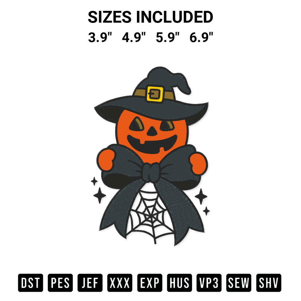 Stitch like a pro with the Halloween Pumpkin Witch Coquette Embroidery Design embroidery pattern from Designspacks.com. High-quality digital machine embroidery file. Available sizes: 3.9", 4.9", 5.9", 6.9".
