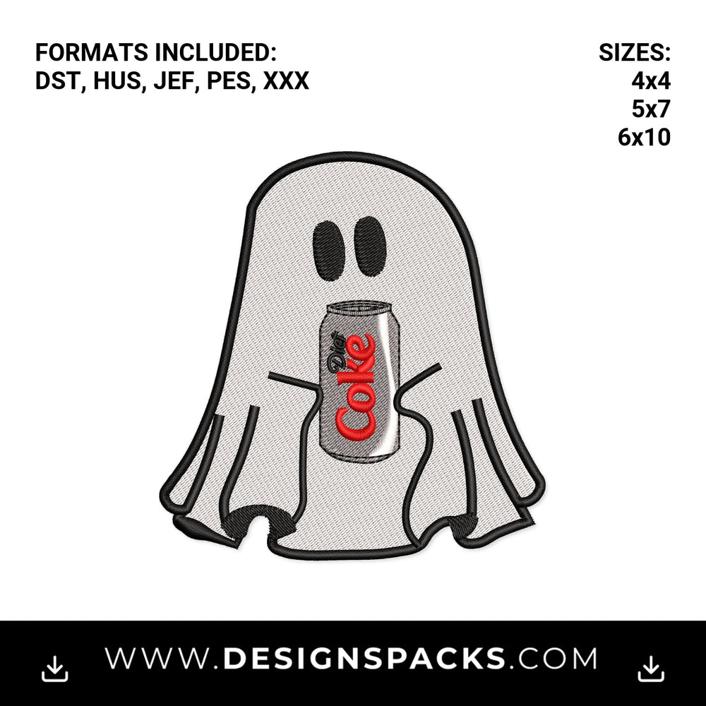 Cute Ghost Holding Diet Coke Can Embroidery Design - Instant digital download pattern at Designspacks.com