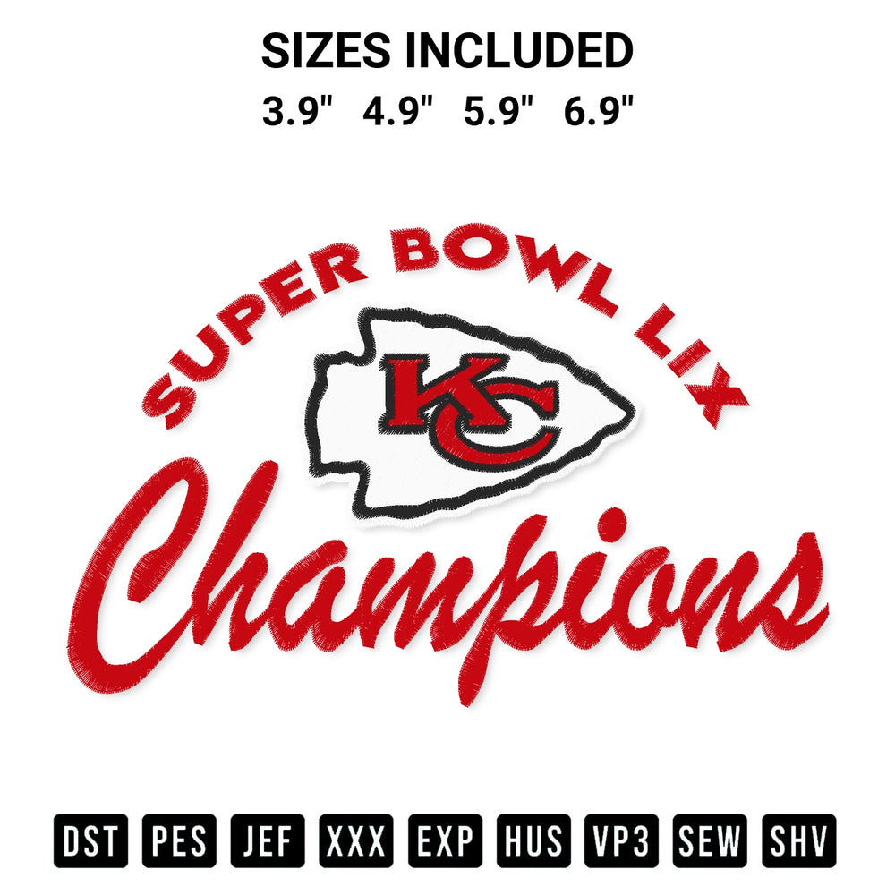 Download the Chiefs Super Bowl Lix Champions Embroidery Design machine embroidery design exclusively at Designspacks.com. Premium digitized pattern for apparel and DIY crafts. Available sizes: 3.9", 4.9", 5.9", 6.9".