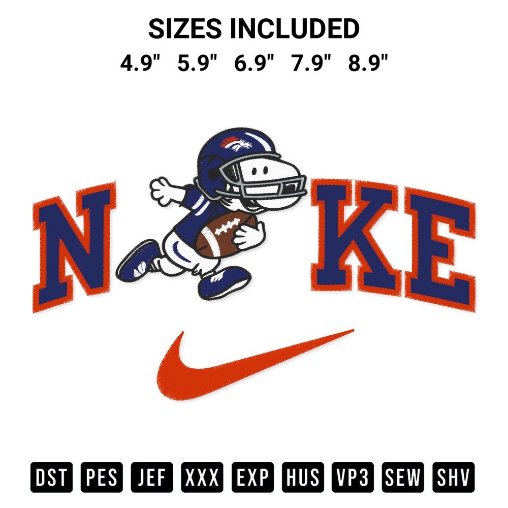 Transform your fabrics with the Nike Snoopy Denver Broncos Embroidery Design embroidery design. Instant access to premium digitized patterns at Designspacks.com. Available sizes: 4.9", 5.9", 6.9", 7.9", 8.9".