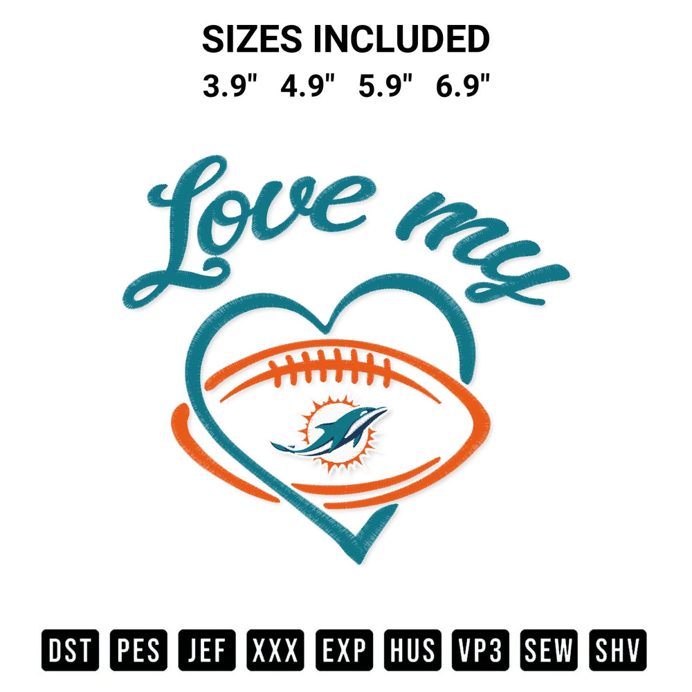 Transform your fabrics with the Love My Miami Dolphins Embroidery Design embroidery design. Instant access to premium digitized patterns at Designspacks.com. Available sizes: 3.9", 4.9", 5.9", 6.9".