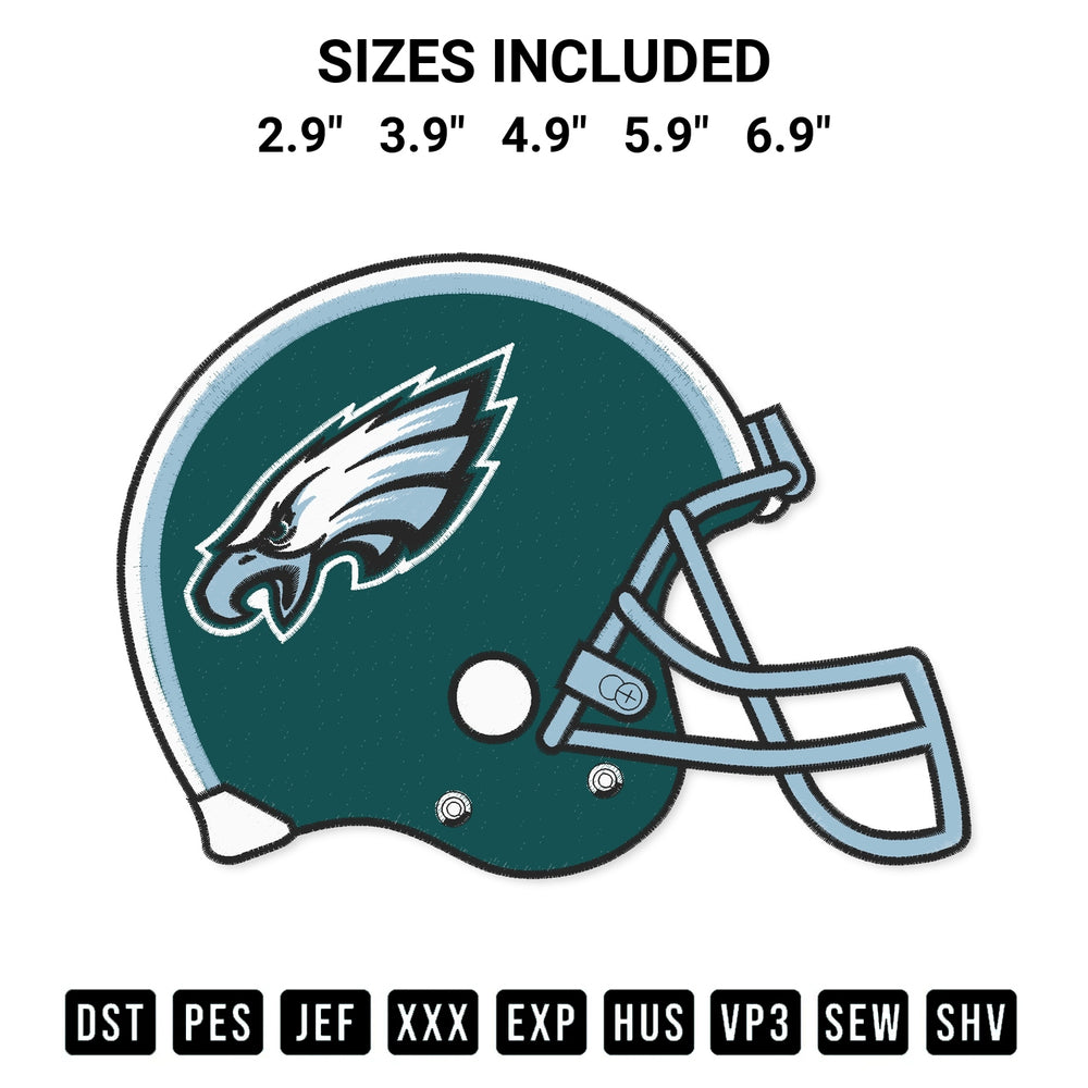Create amazing crafts with the Philadelphia Eagles Helmet Embroidery Design embroidery file. High-quality digital download from Designspacks.com, perfect for beginners and pros. Available sizes: 2.9", 3.9", 4.9", 5.9", 6.9".