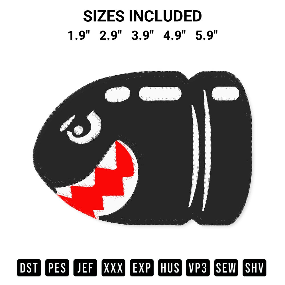 Get the Mario Bullet Bill Embroidery Design embroidery design for your custom crafts! Premium digitized files available for instant download at Designspacks.com. Available sizes: 1.9", 2.9", 3.9", 4.9", 5.9".