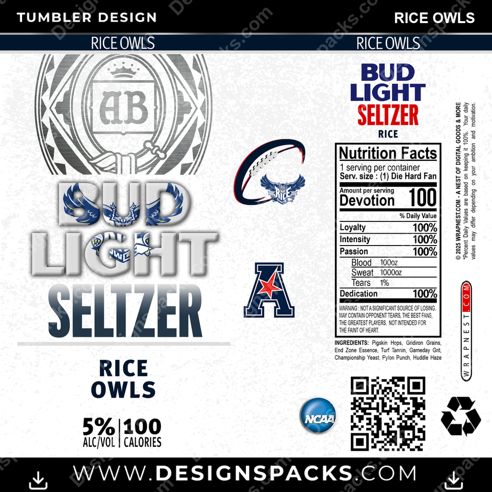 College Sport Bud Light Seltzer Rice Owls NCAA College Sport Tumbler Digital Wrap Design Download