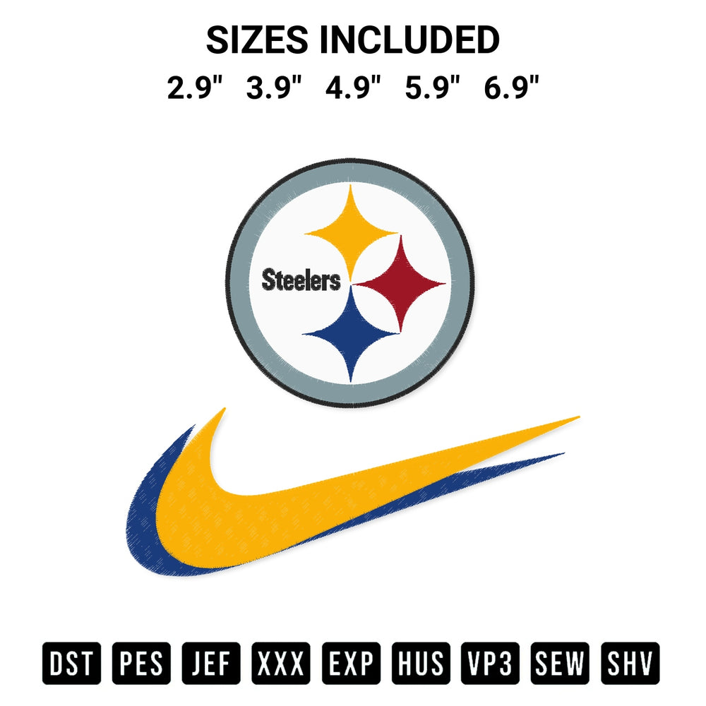 Stitch like a pro with the Pittsburgh Steelers Swoosh Embroidery Design embroidery pattern from Designspacks.com. High-quality digital machine embroidery file. Available sizes: 2.9", 3.9", 4.9", 5.9", 6.9".