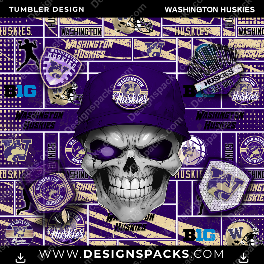 College Sport Skull Washington Huskies Tumbler Digital Wrap Design
