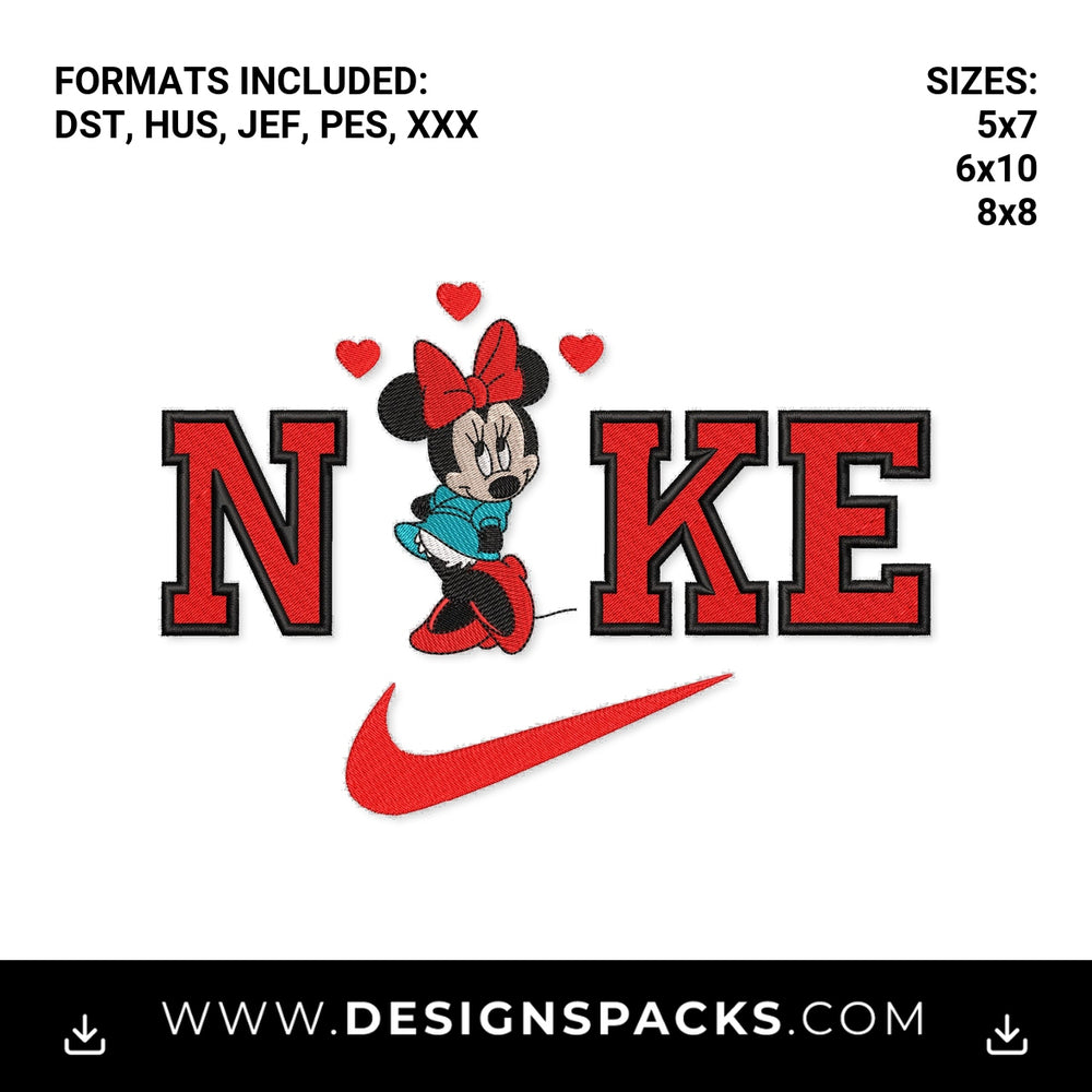 Minnie Mouse Nike Red Swoosh Hearts Embroidery Design - Instant digital download pattern at Designspacks.com