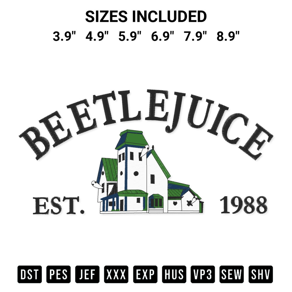 Shop the Beetlejuice Haunted House Embroidery Design machine embroidery pattern at Designspacks.com. Beautifully digitized for flawless stitching on any fabric. Available sizes: 3.9", 4.9", 5.9", 6.9", 7.9", 8.9".