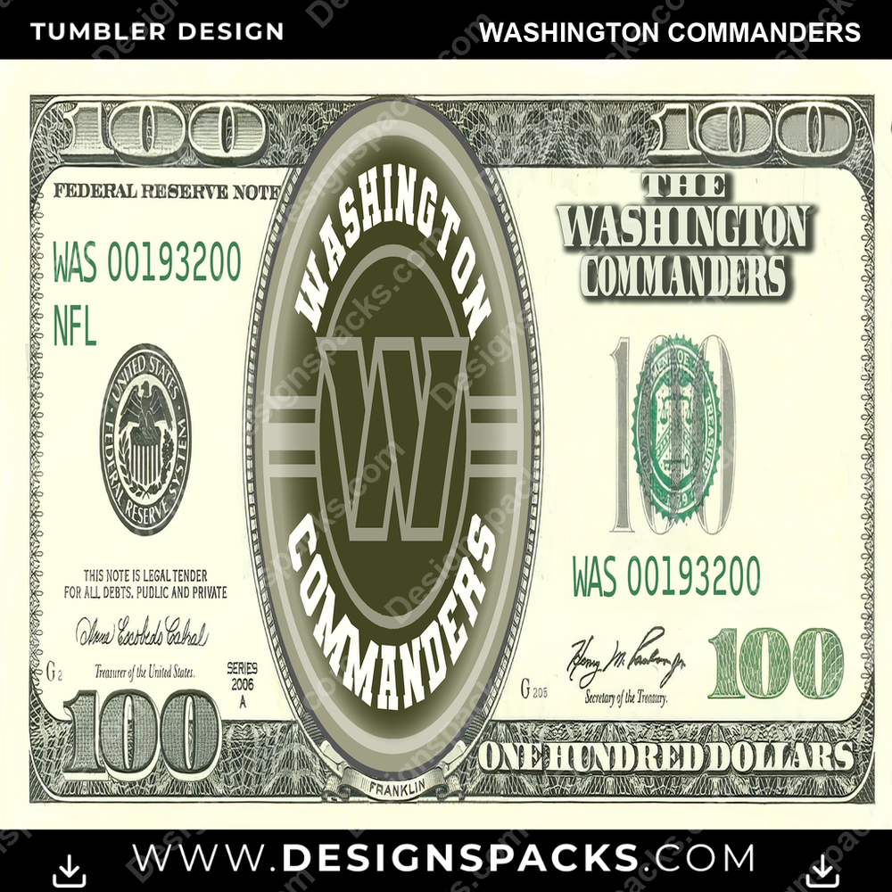 Football 100 Dollar Bill Washington Commanders Tumbler Digital Wrap Design