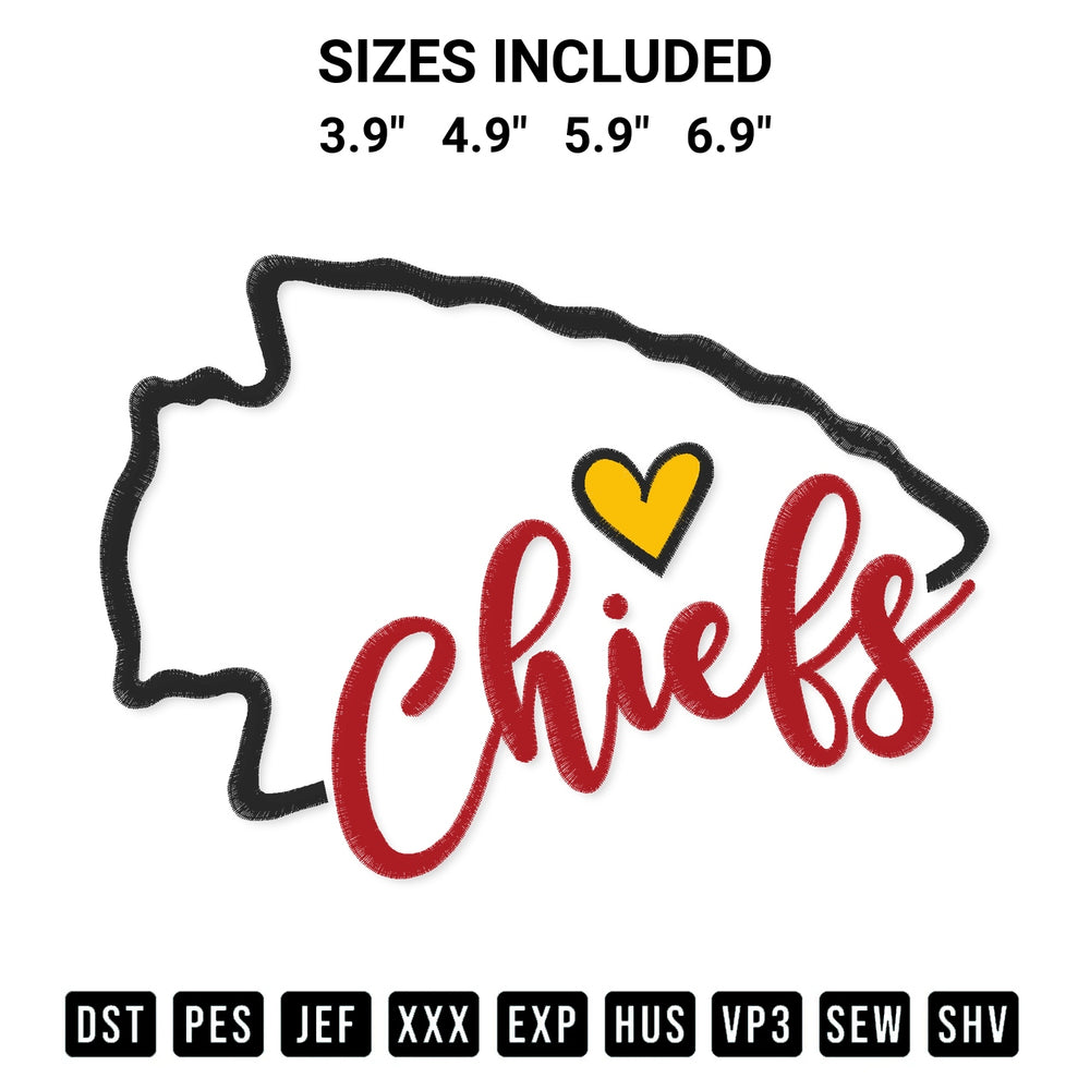 Download the I Love Chiefs Embroidery Design machine embroidery design exclusively at Designspacks.com. Premium digitized pattern for apparel and DIY crafts. Available sizes: 3.9", 4.9", 5.9", 6.9".