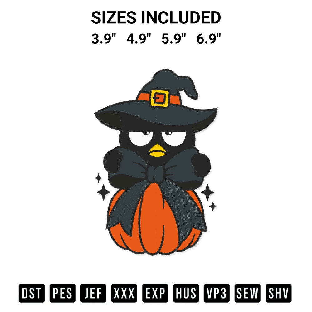 Add a unique touch to your apparel with the Badtz Maru Witch Coquette Pumpkin Embroidery Design embroidery file. Premium instant download available now on Designspacks.com. Available sizes: 3.9", 4.9", 5.9", 6.9".