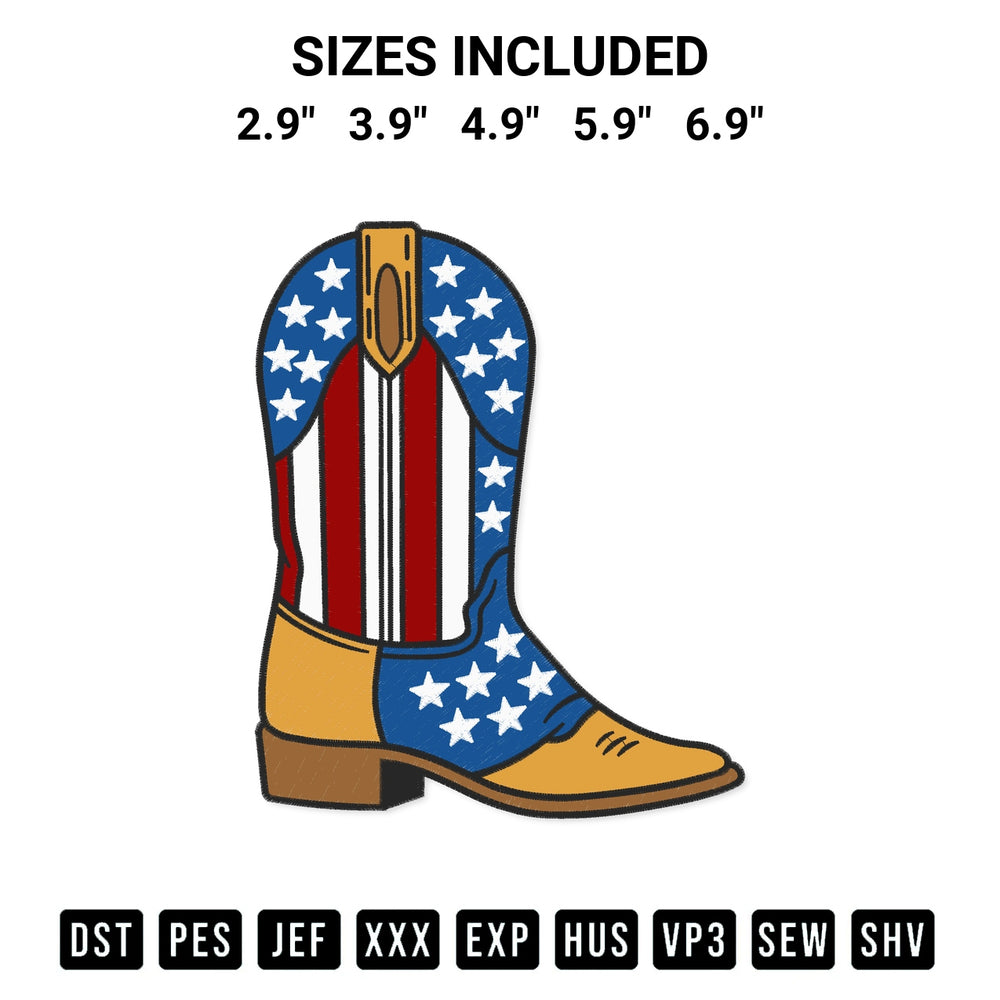 Elevate your next project with our American Flag Boots Embroidery Design embroidery file. Shop high-quality digital patterns instantly at Designspacks.com. Available sizes: 2.9", 3.9", 4.9", 5.9", 6.9".