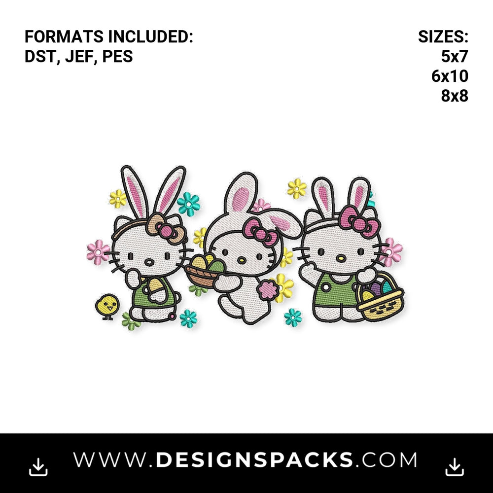 Cute Easter Bunny Kitty Trio Embroidery Design - Instant digital download pattern at Designspacks.com