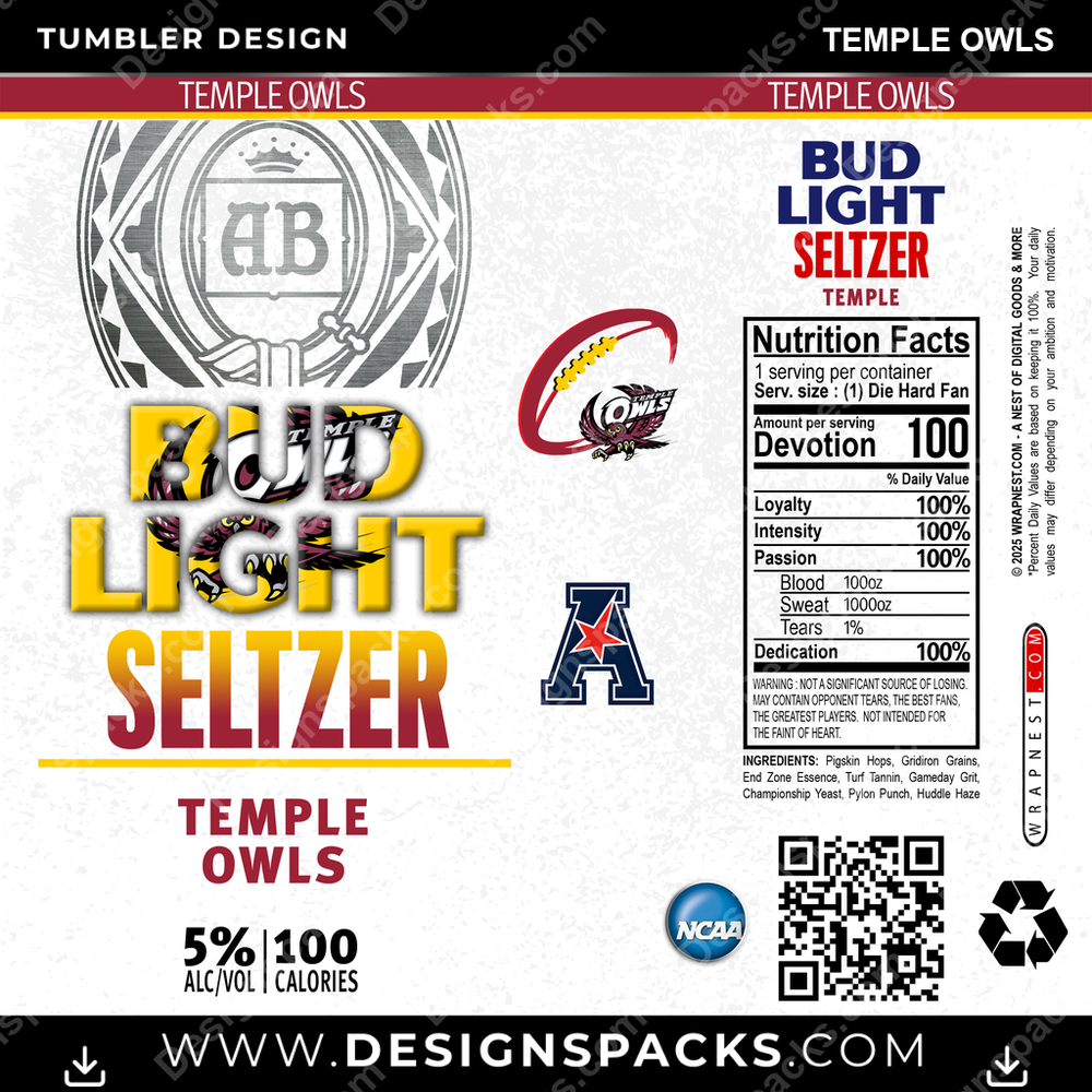 College Sport Bud Light Seltzer Temple Owls NCAA College Sport Tumbler Digital Wrap Design Download