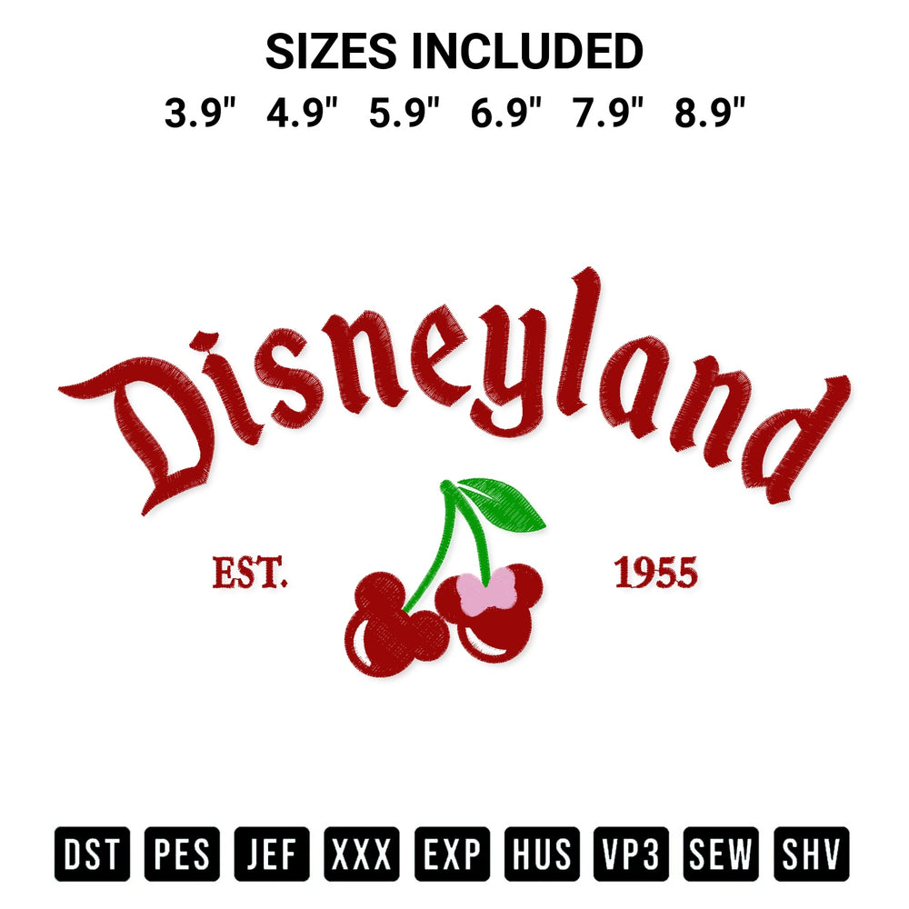 Shop the Cherry Mouse Disneyland Est 1955 Embroidery Design machine embroidery pattern at Designspacks.com. Beautifully digitized for flawless stitching on any fabric. Available sizes: 3.9", 4.9", 5.9", 6.9", 7.9", 8.9".
