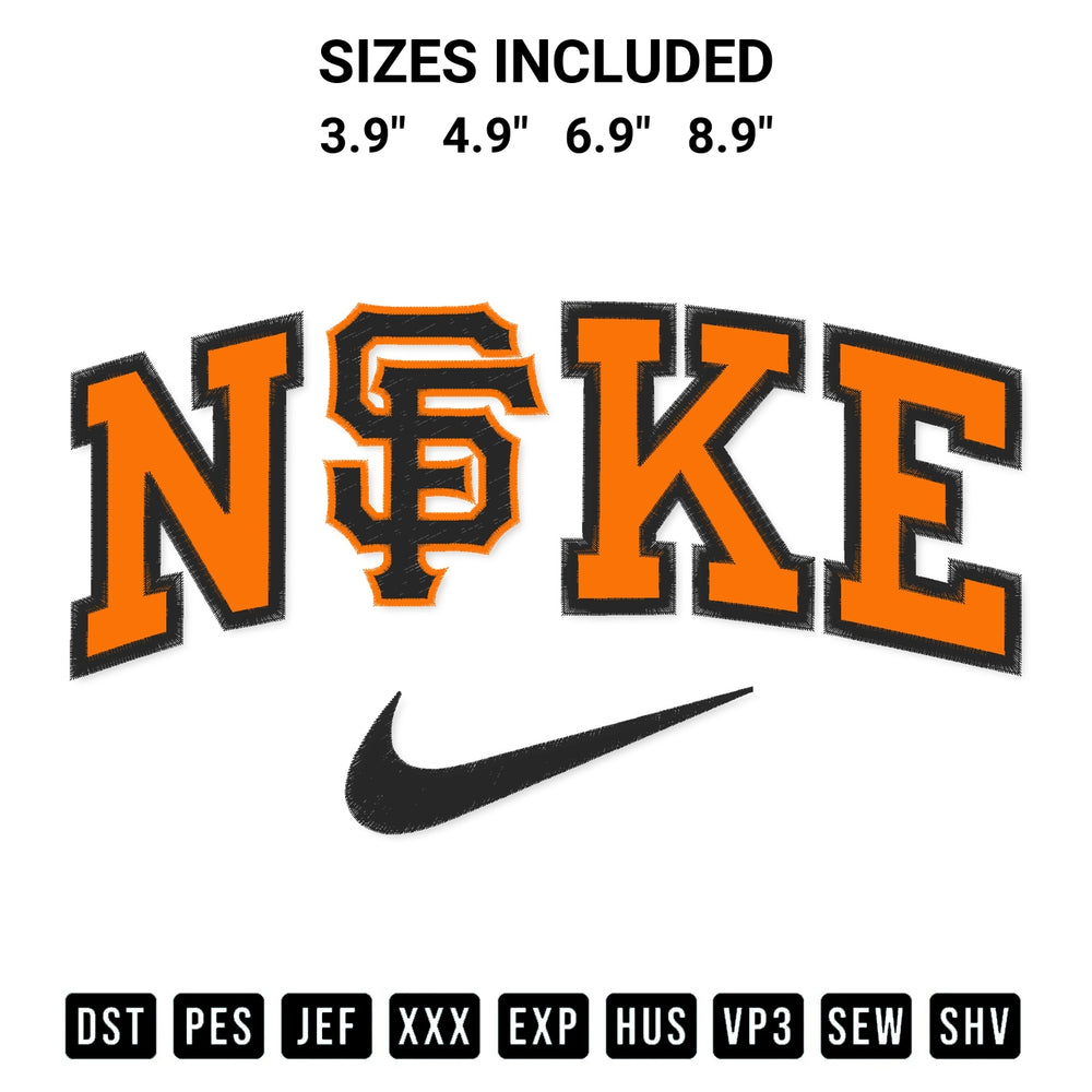 Shop the San Francisco Giants X Nike Embroidery Design machine embroidery pattern at Designspacks.com. Beautifully digitized for flawless stitching on any fabric. Available sizes: 3.9", 4.9", 6.9", 8.9".