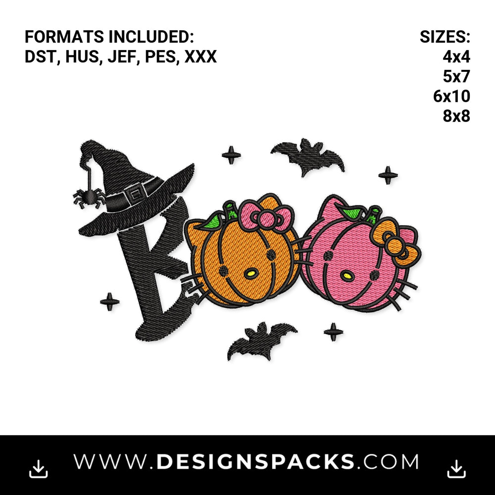 Hello Kitty Halloween Pumpkin Boo Embroidery Design - Instant digital download pattern at Designspacks.com