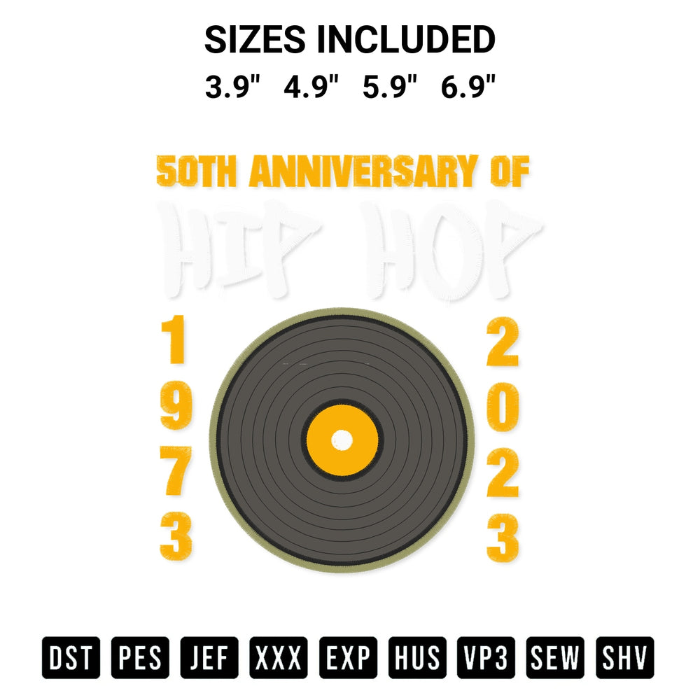 Create amazing crafts with the 50 Years Hip Hop Vinyl Retro Embroidery Design embroidery file. High-quality digital download from Designspacks.com, perfect for beginners and pros. Available sizes: 3.9", 4.9", 5.9", 6.9".