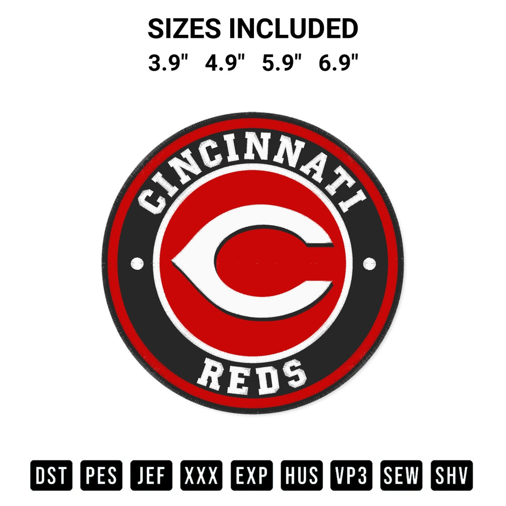 Transform your fabrics with the Cincinnati Reds Circle Logo Embroidery Design embroidery design. Instant access to premium digitized patterns at Designspacks.com. Available sizes: 3.9", 4.9", 5.9", 6.9".