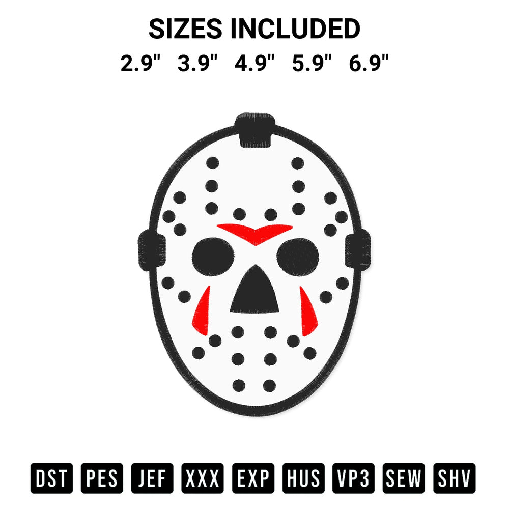 Stitch like a pro with the Jason Mask Embroidery Design embroidery pattern from Designspacks.com. High-quality digital machine embroidery file. Available sizes: 2.9", 3.9", 4.9", 5.9", 6.9".