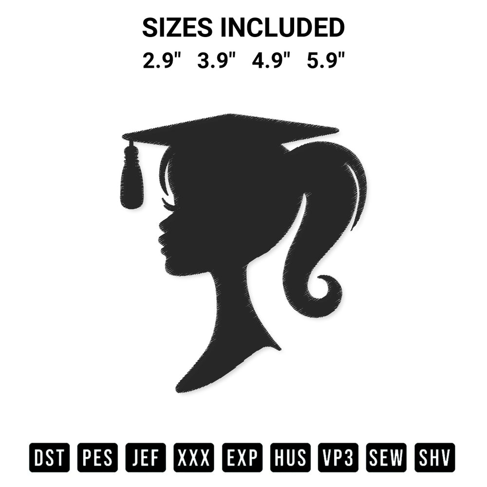 Add a unique touch to your apparel with the Girl Graduation Silhouette Embroidery Design embroidery file. Premium instant download available now on Designspacks.com. Available sizes: 2.9", 3.9", 4.9", 5.9".