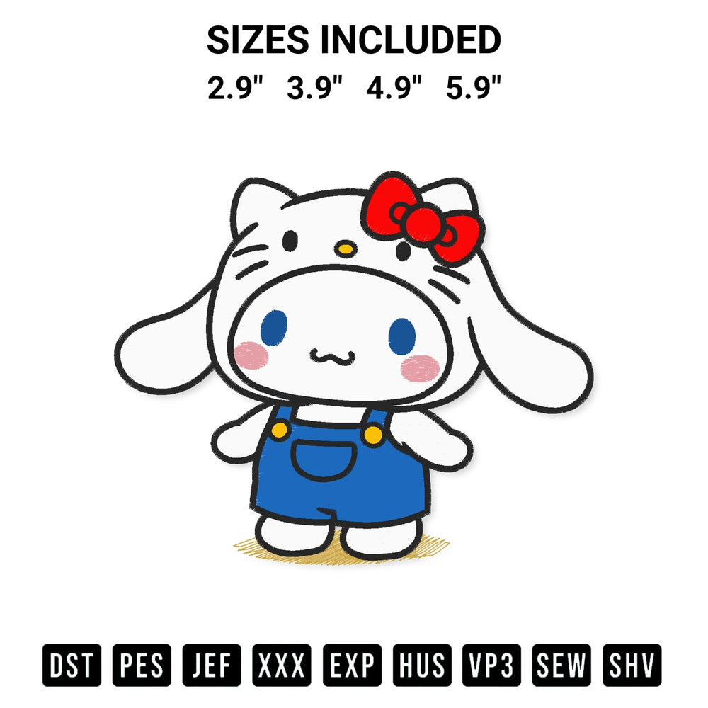 Transform your fabrics with the Cinnamoroll Hello Kitty Hoodie Embroidery Design embroidery design. Instant access to premium digitized patterns at Designspacks.com. Available sizes: 2.9", 3.9", 4.9", 5.9".