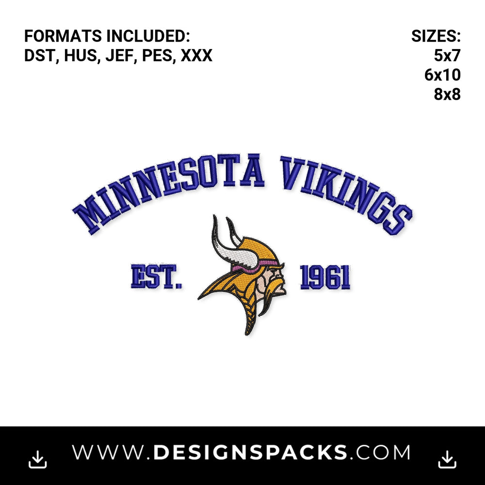 Minnesota Vikings Est 1961 Mascot Logo Embroidery Design - Instant digital download pattern at Designspacks.com