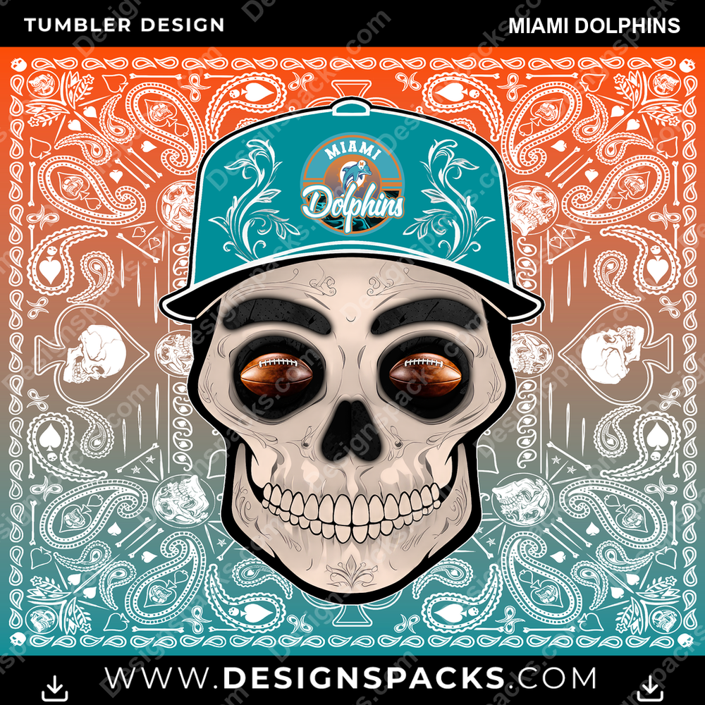 Football Skull Handkerchief Miami Dolphins NFL Football Tumbler Digital Wrap Design Download