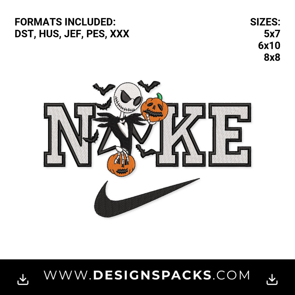 Jack Skellington Halloween Nike Swoosh Embroidery Design - Instant digital download pattern at Designspacks.com
