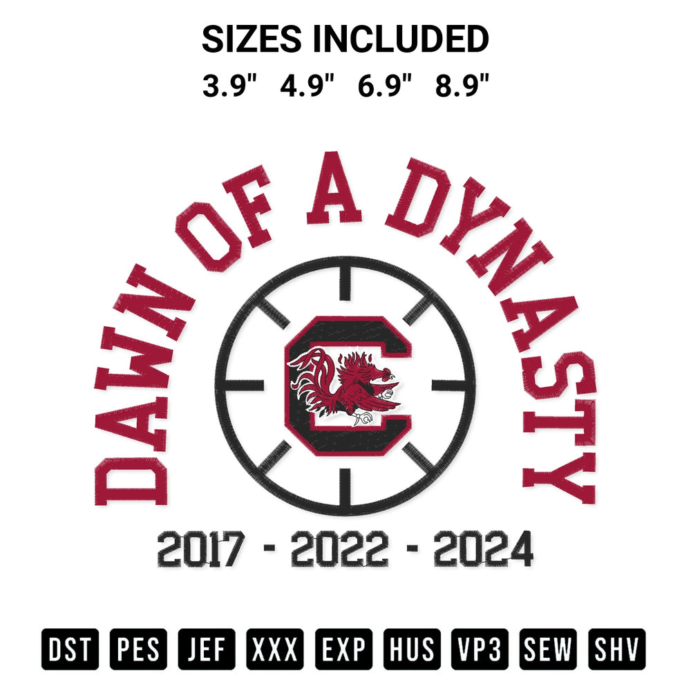 Shop the South Carolina Gamecocks Dawn Of A Dynasty Embroidery Design machine embroidery pattern at Designspacks.com. Beautifully digitized for flawless stitching on any fabric. Available sizes: 3.9", 4.9", 6.9", 8.9".