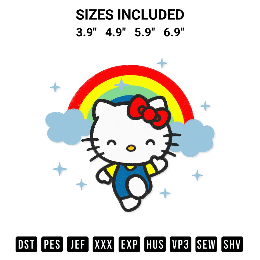 Create amazing crafts with the Hello Kitty And Rainbow Embroidery Design embroidery file. High-quality digital download from Designspacks.com, perfect for beginners and pros. Available sizes: 3.9", 4.9", 5.9", 6.9".